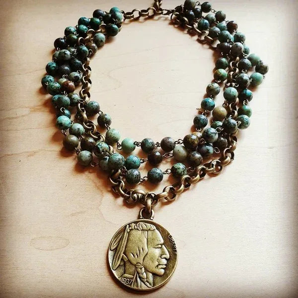 African turquoise collar lenght necklace with coin - Western Grace Collective