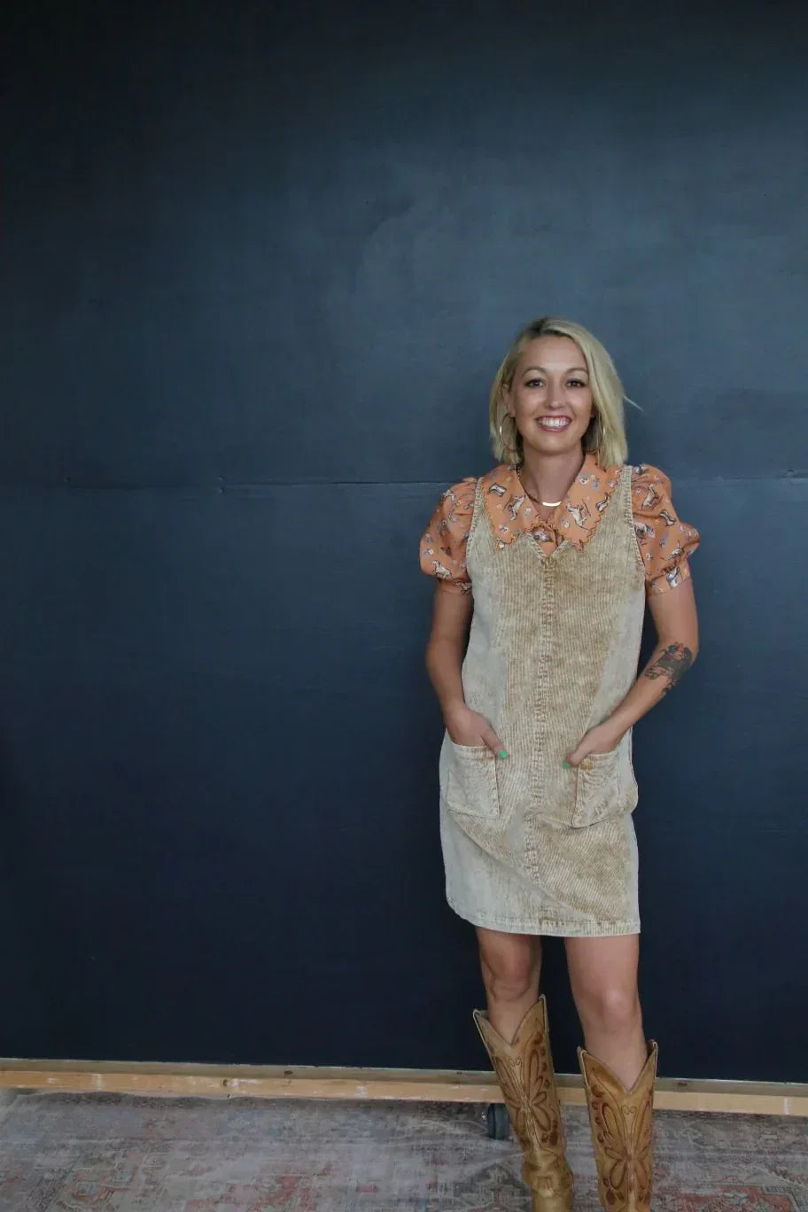 TAN CORDUROY SHIFT DRESS - Western Grace Collective