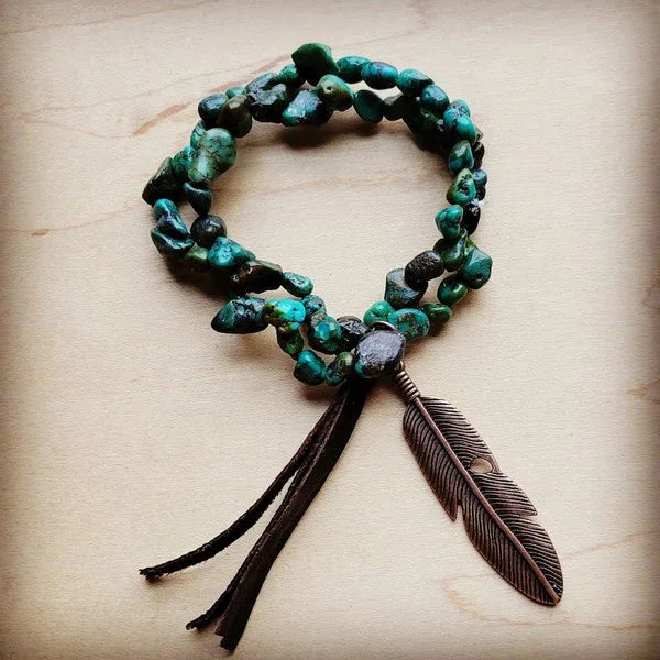 Double Strand Turq Bracelet w/ Feather and Tassel - Western Grace Collective