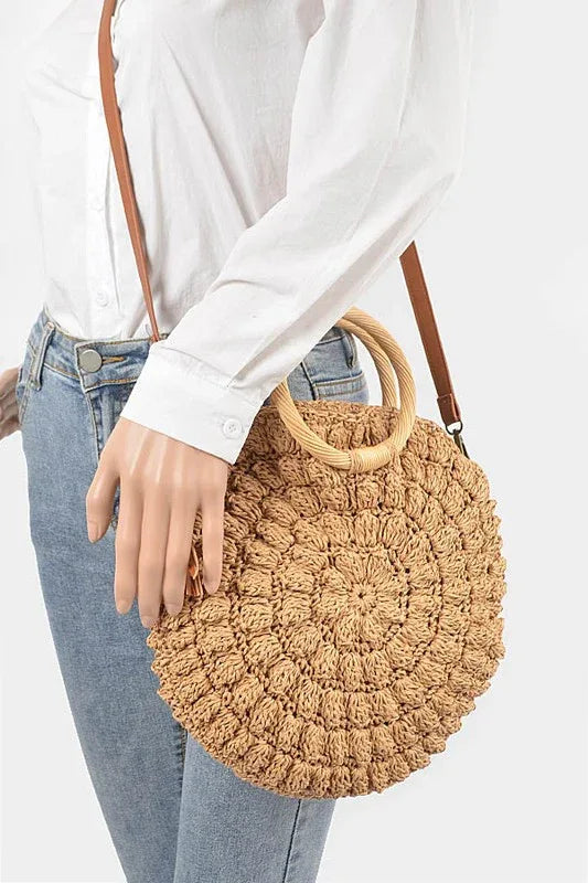 Wooden Handle Crochet Straw Circle Bag - Western Grace Collective