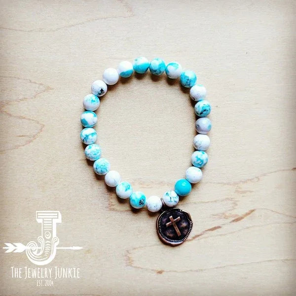 Turquoise White Beaded Stretch Bracelet w/Coin - Western Grace Collective
