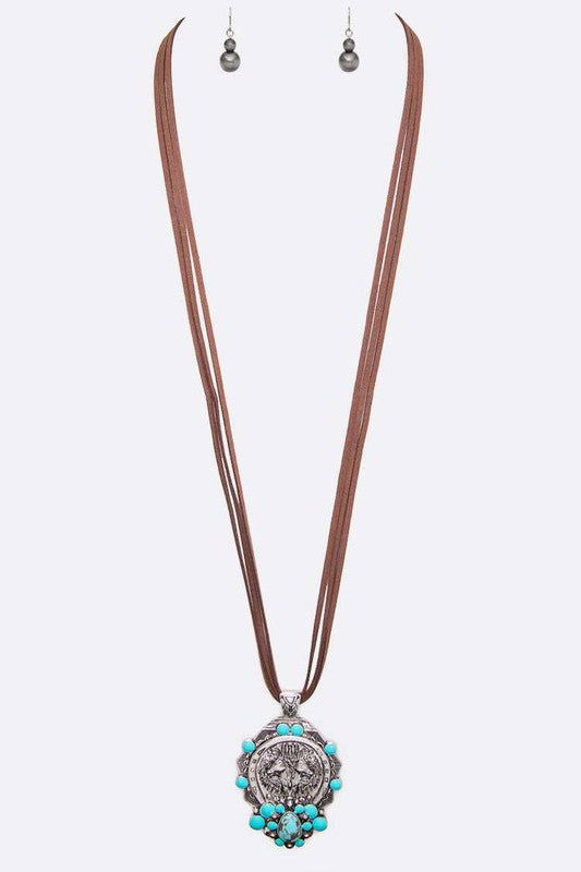 Horse Embossed Western Pendant Long Necklace Set - Western Grace Collective