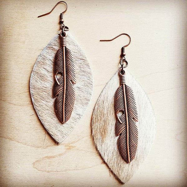 Leather Oval Earrings in Hair with Copper Feather - Western Grace Collective