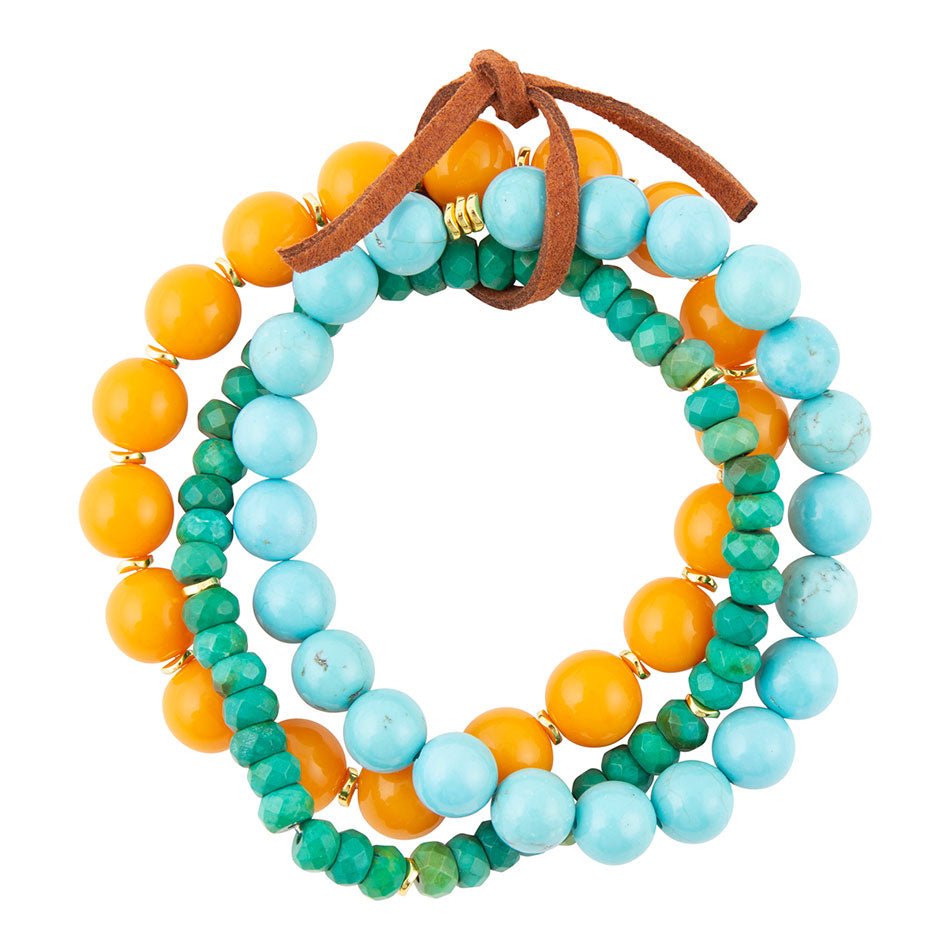 Apricot Blue Teals Triple Golden Bracelet Set