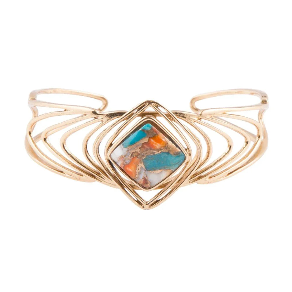 Arrows Blue Turquoise and Orange Spiny Oyster Matrix Golden Cuff Bracelet - Western Grace Collective