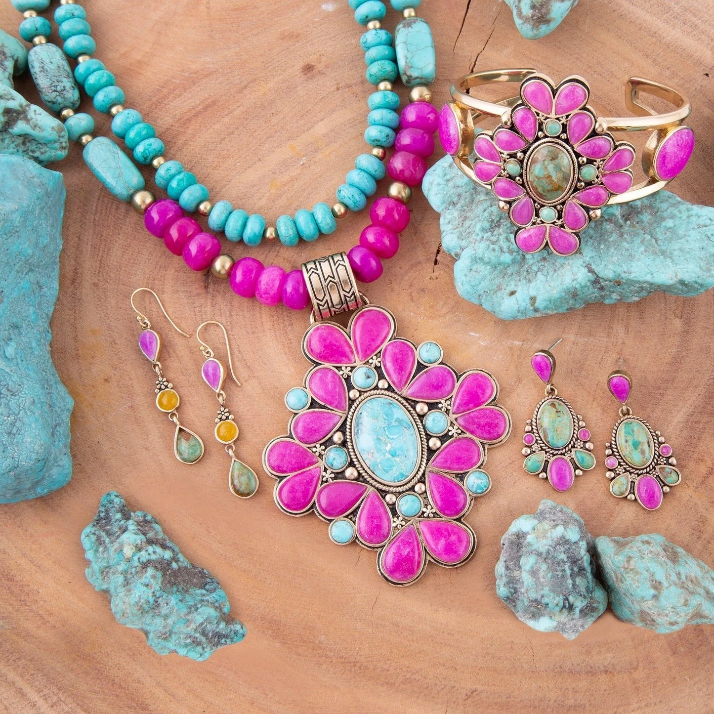 Barcelona Pink Agate and Blue Turquoise Statement Cuff Bracelet - Western Grace Collective