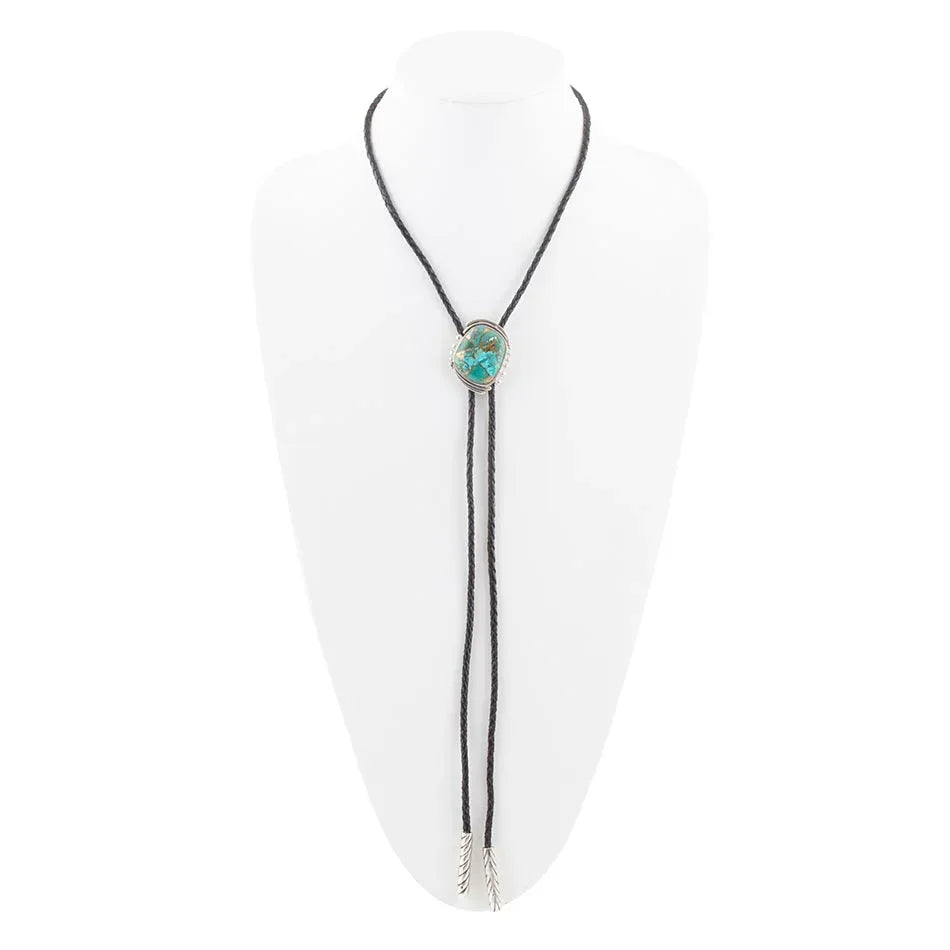 Blue Turquoise Matrix Sterling Silver Bolo Tie Necklace - Western Grace Collective