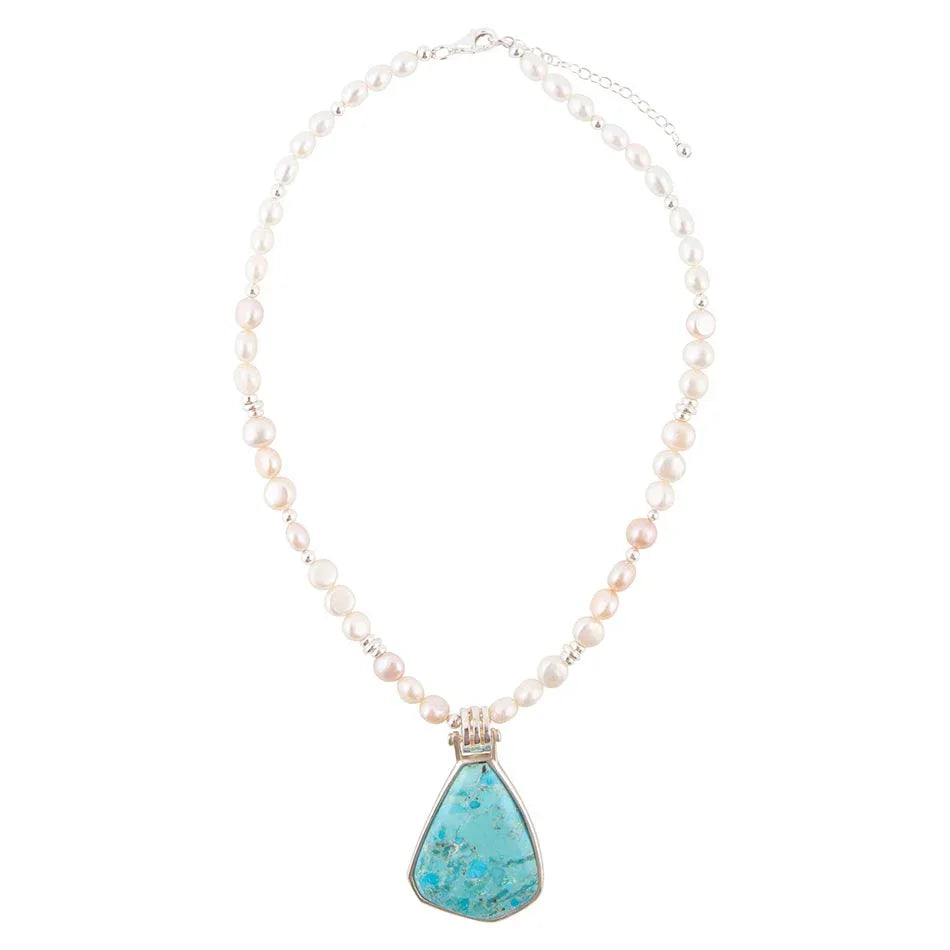 Blue Turquoise Pendant and White Pearl Sterling Silver Necklace - Western Grace Collective