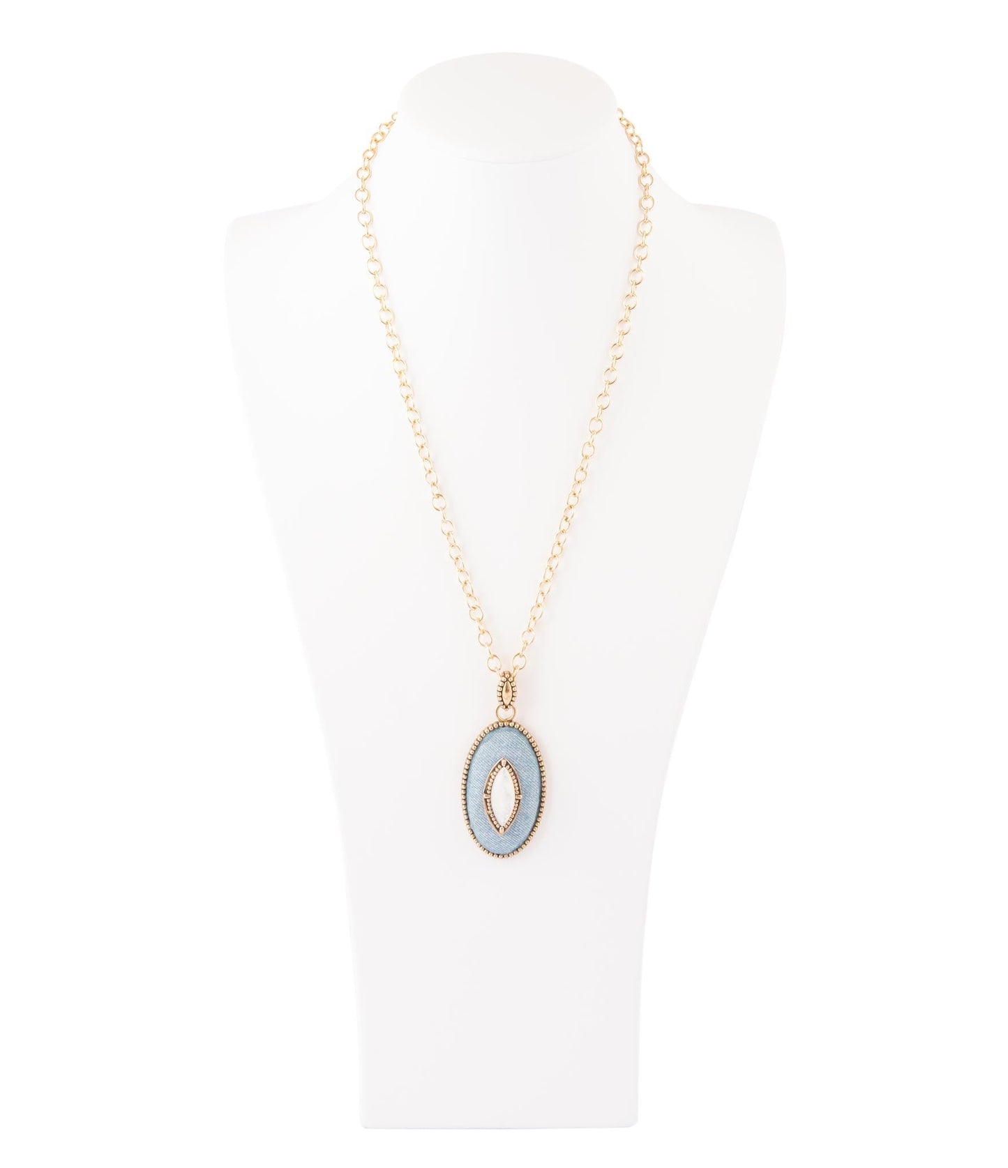 Blue Denim Dreams White Mother of Pearl Golden Pendant Necklace