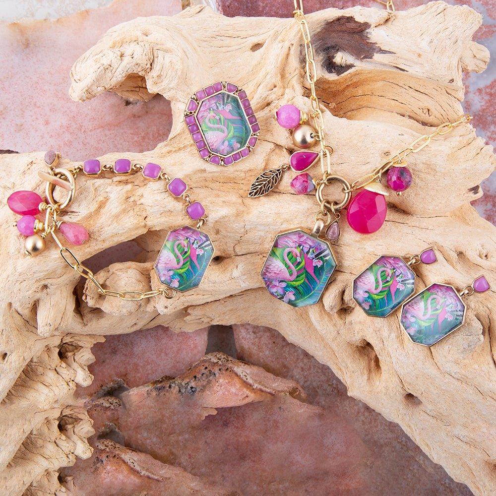 Flamingo Pink Agate Golden Statement Ring - Western Grace Collective