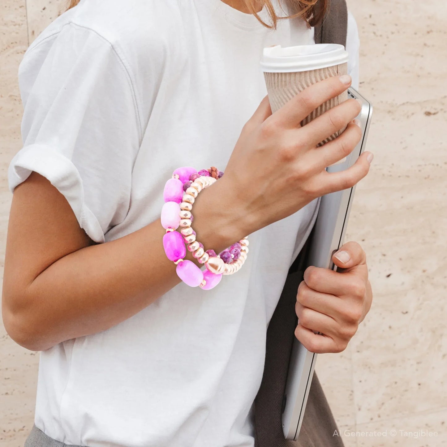 Peony Fuchsia Pink Jade Golden Stretch Bracelet Set - Western Grace Collective
