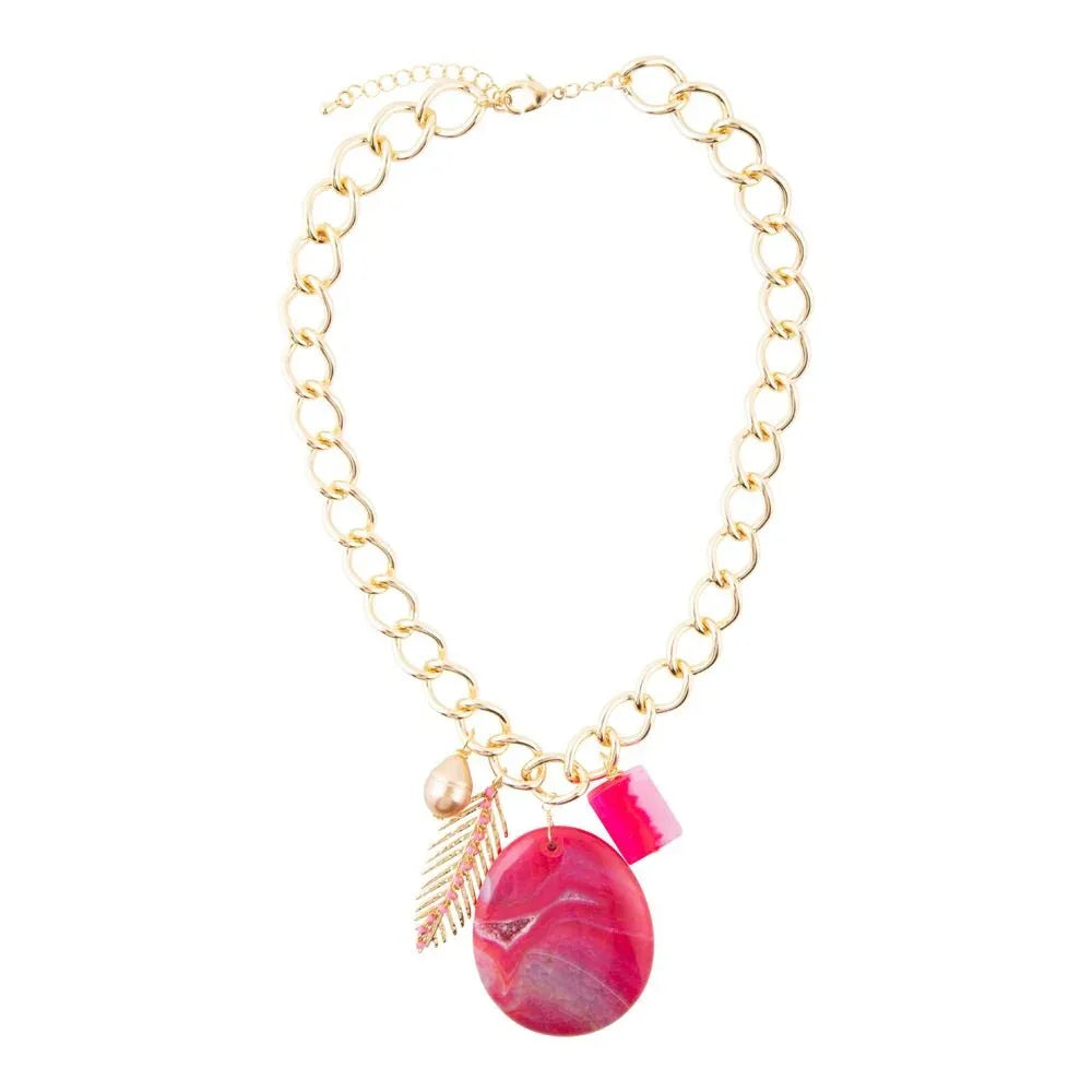 Peony Fuschsia Pink Agate Golden Charm Necklace - Western Grace Collective