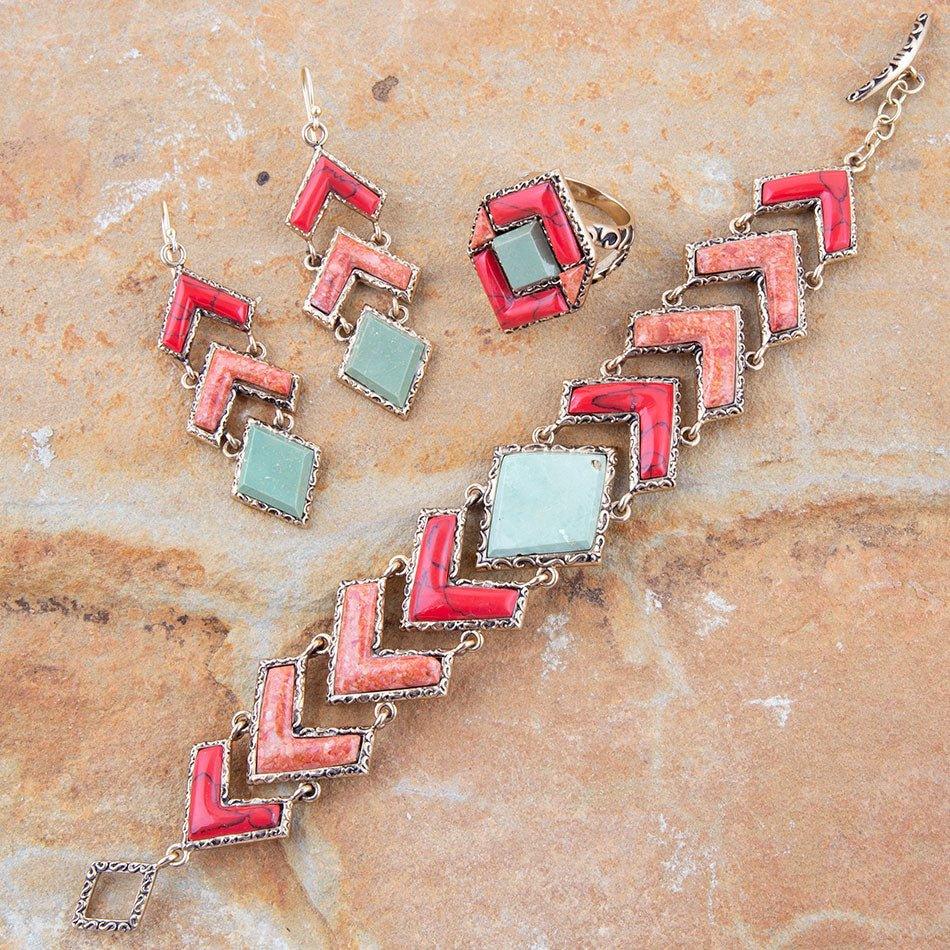 Green Turquoise and Coral Tapestry Golden Link Bracelet - Western Grace Collective