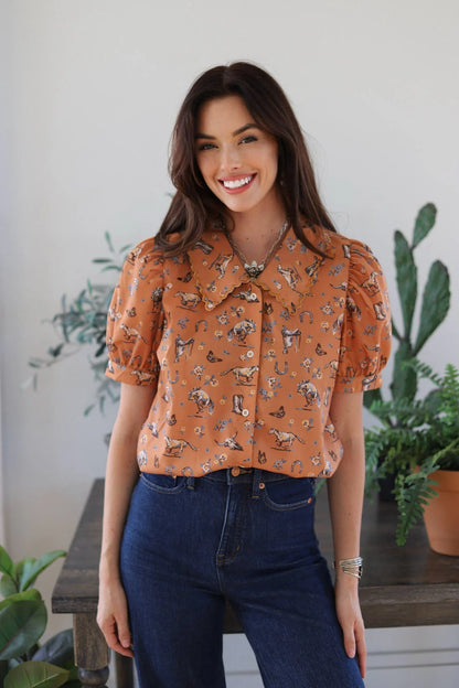 BUTTERFLIES & HORSES COLLAR PUFF SHORT SLEEVE BLOUSE