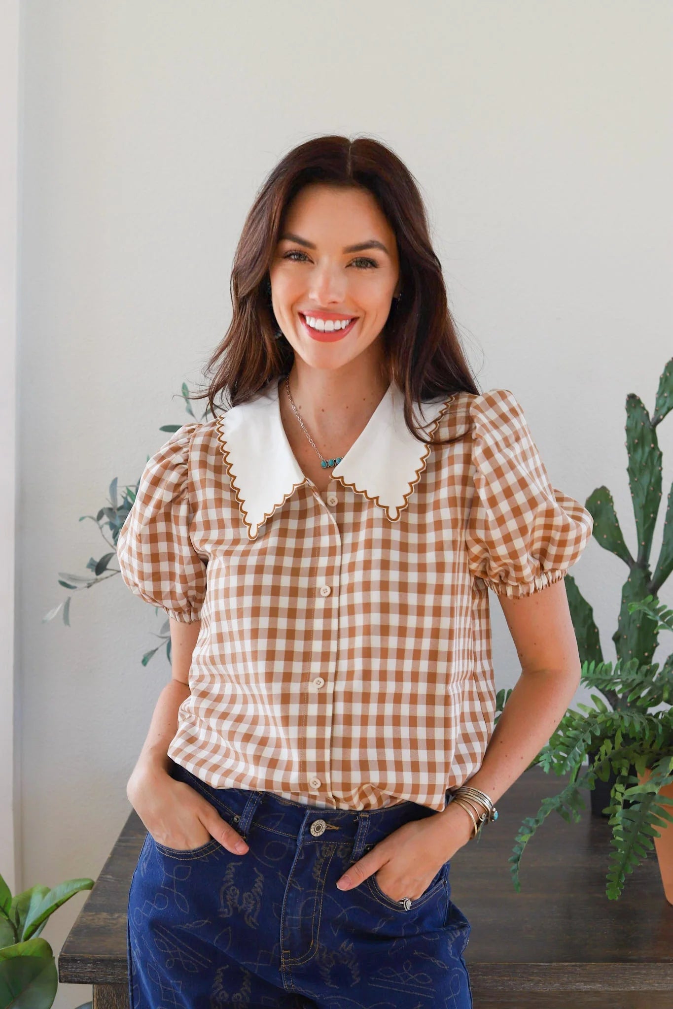 BROWN GINGHAM PUFF SLEEVE: PRE-ORDER