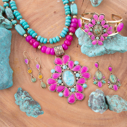 Barcelona Pink Agate and Blue Turquoise Statement Cuff Bracelet