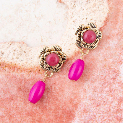 Blooming Pink Agate Post Golden Earrings - Western Grace Collective