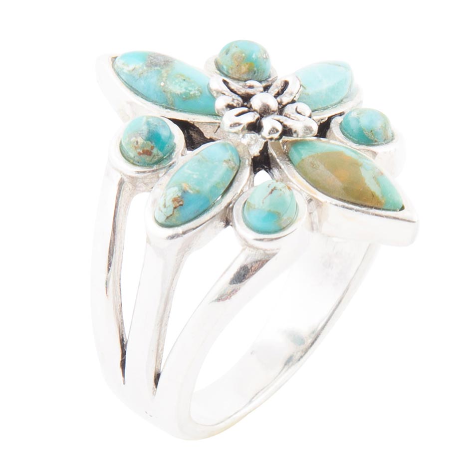 Floral Blue Turquoise and Sterling Silver Statement Ring
