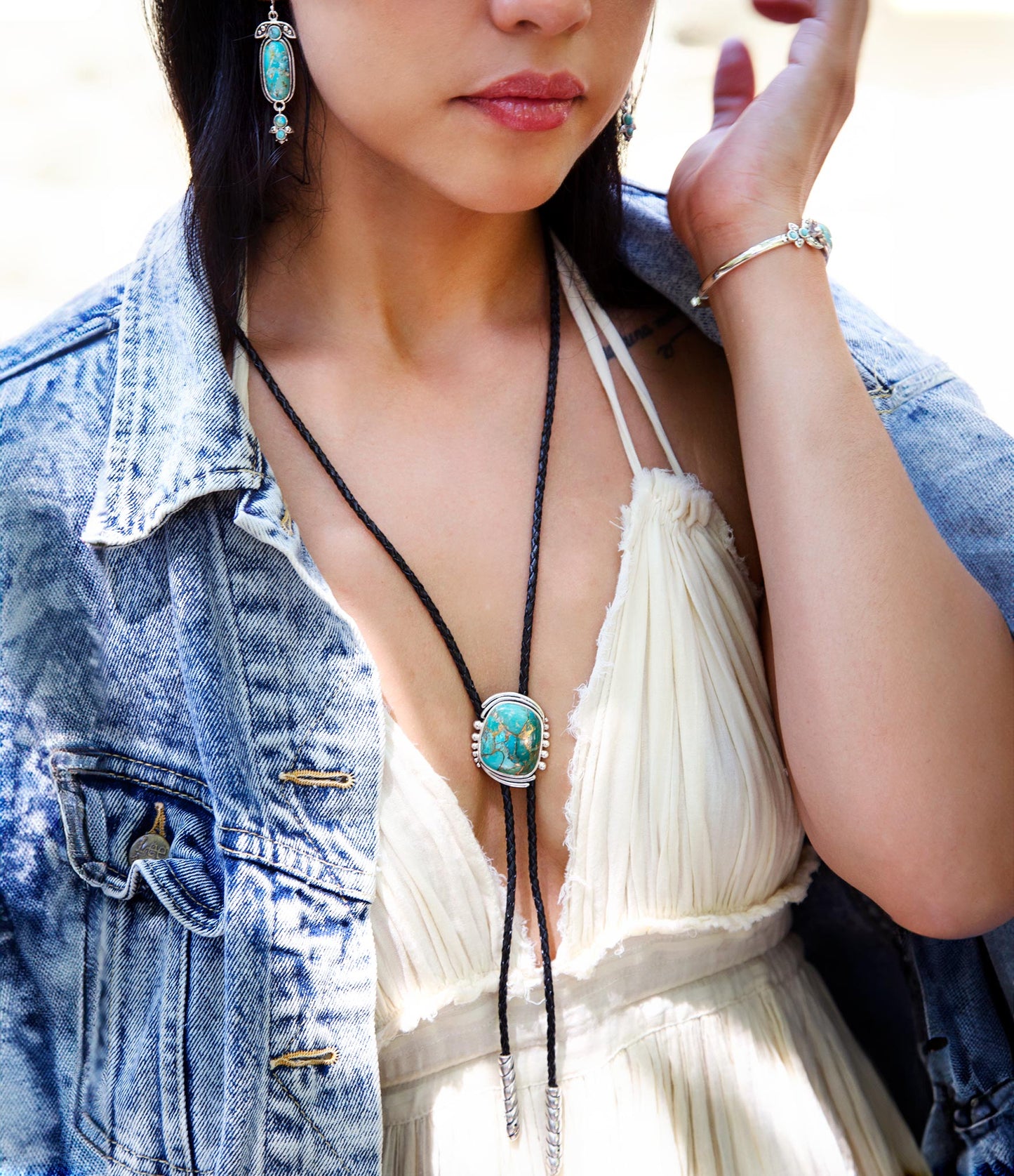 Blue Turquoise Matrix Sterling Silver Bolo Tie Necklace