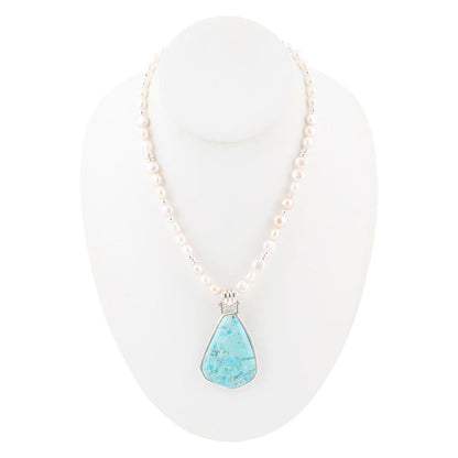 Blue Turquoise Pendant and White Pearl Sterling Silver Necklace