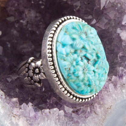 Carved Blue Turquoise and Sterling Silver Cocktail Ring