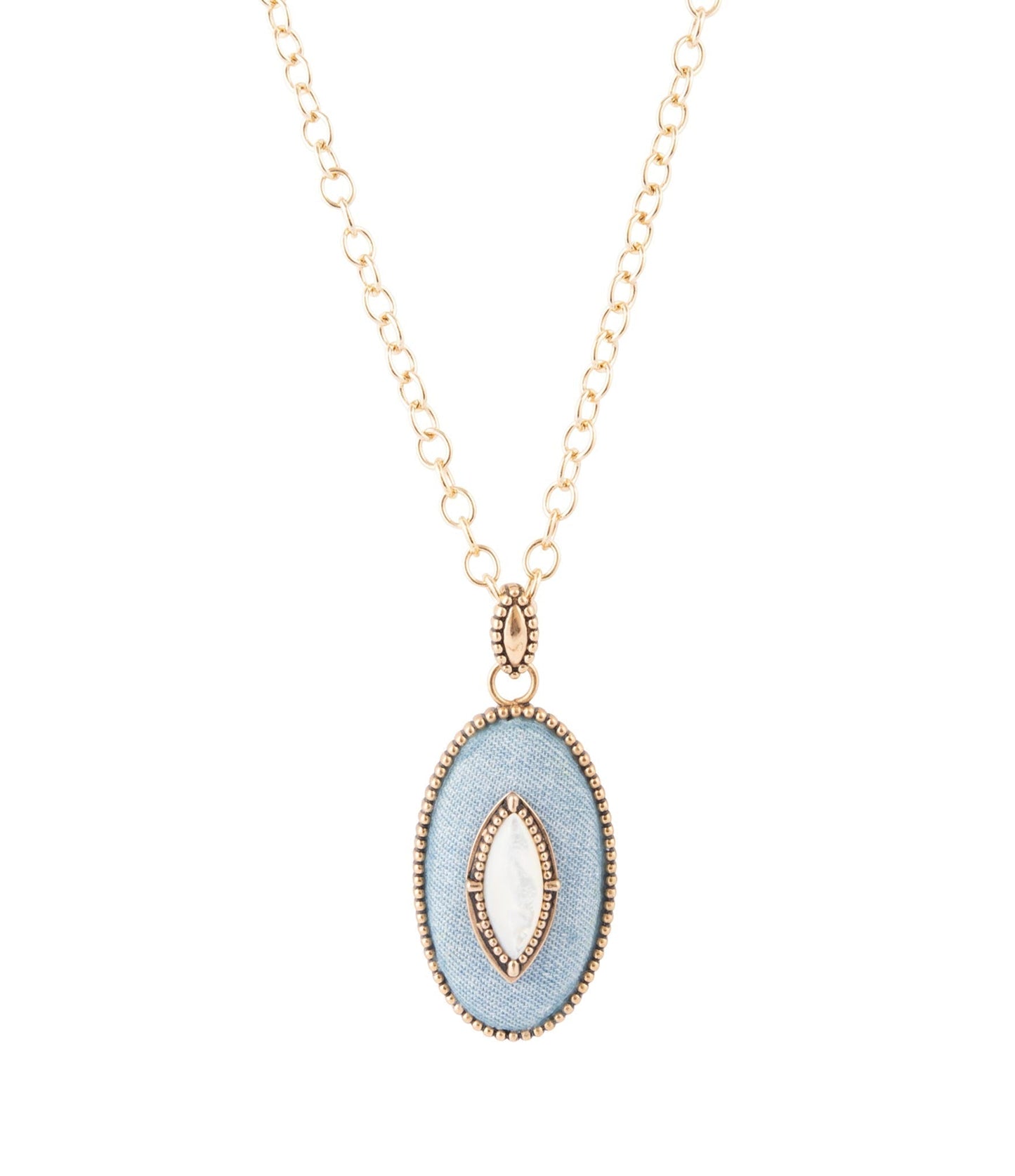Blue Denim Dreams White Mother of Pearl Golden Pendant Necklace