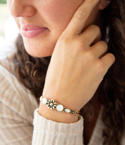 Floral White Mother of Pearl Golden Cuff Bracelet