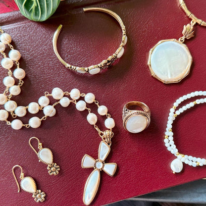 Floral White Mother of Pearl Golden Cuff Bracelet