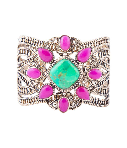 Madeira Lime and Pink Agate Statement Golden Cuff Bracelet