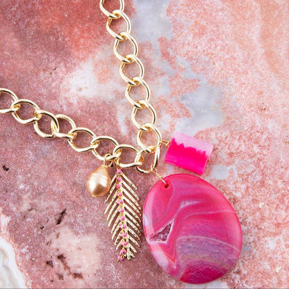 Peony Fuschsia Pink Agate Golden Charm Necklace