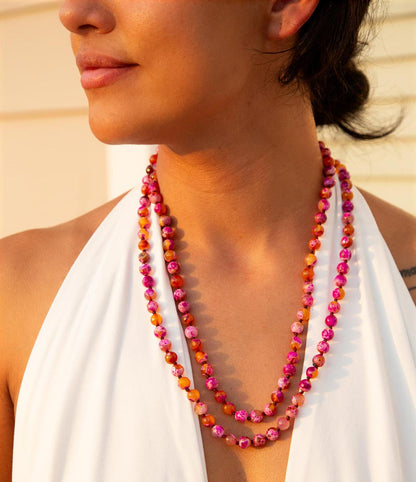 Pink Agate Knotted Long Necklace