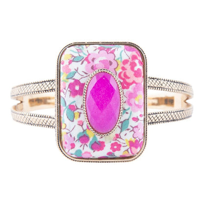 Pink Agate Stacked Stone Floral Cuff Bracelet