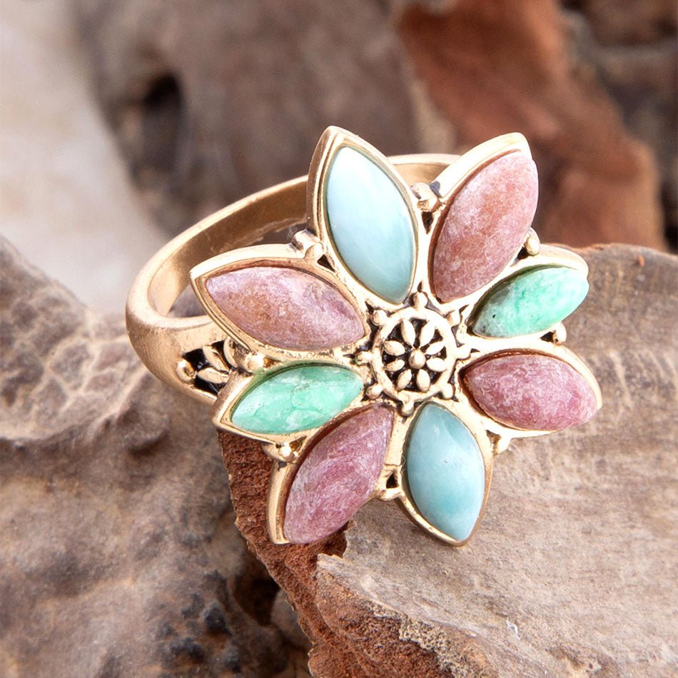 Pink Rhodonite Blue Amazonite and Green Varacite Petals Golden Statement Ring