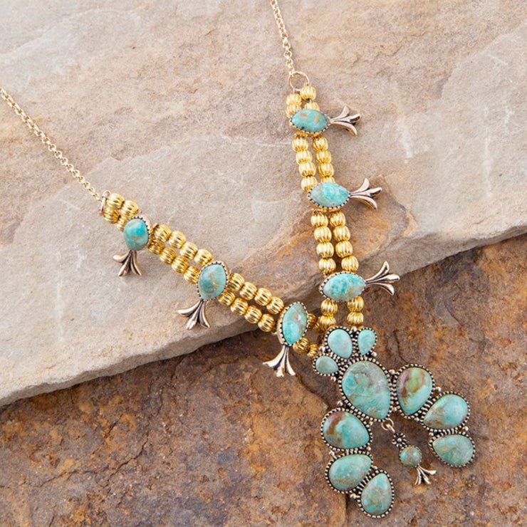Squash Blossom Statement Blue Turquoise Golden Necklace