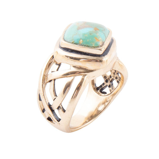 Blue Turquoise and Golden Bronze Cut Out Ring
