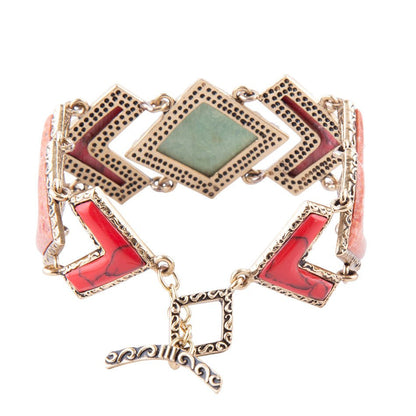 Green Turquoise and Coral Tapestry Golden Link Bracelet