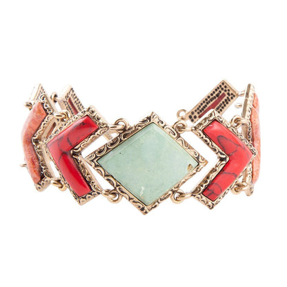 Green Turquoise and Coral Tapestry Golden Link Bracelet