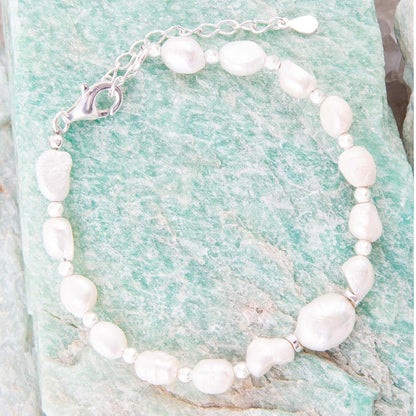 White Pearl Beaded Sterling Silver Bracelet