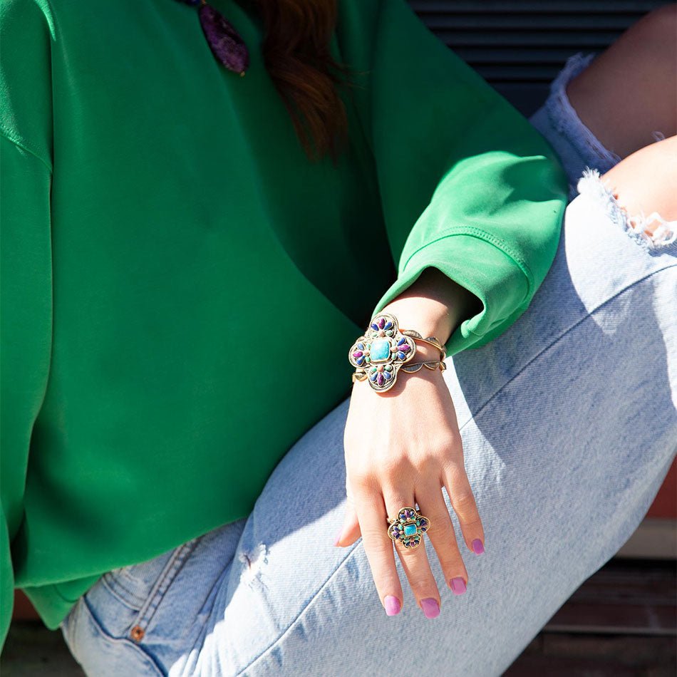 Zion Blue Turquoise Colorful Golden Cross Ring