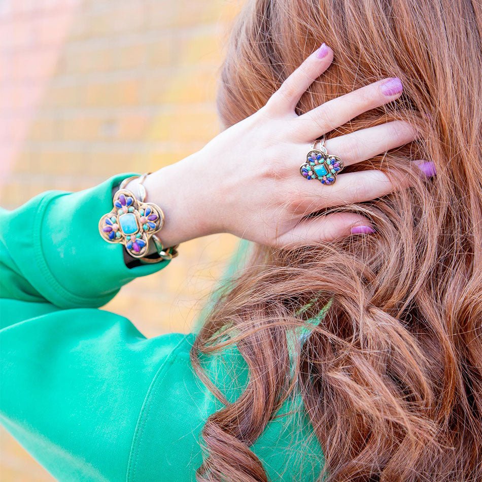 Zion Blue Turquoise Colorful Golden Cross Ring